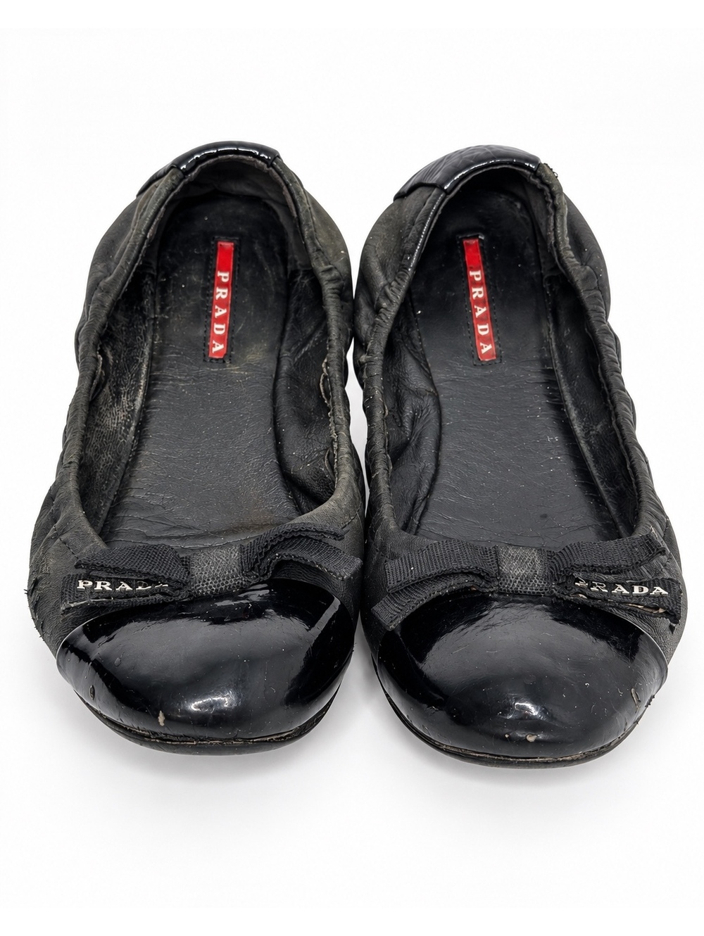Prada Black Leather Patent Cap Toe Bow Ballet Flats Women’s Size Unknown